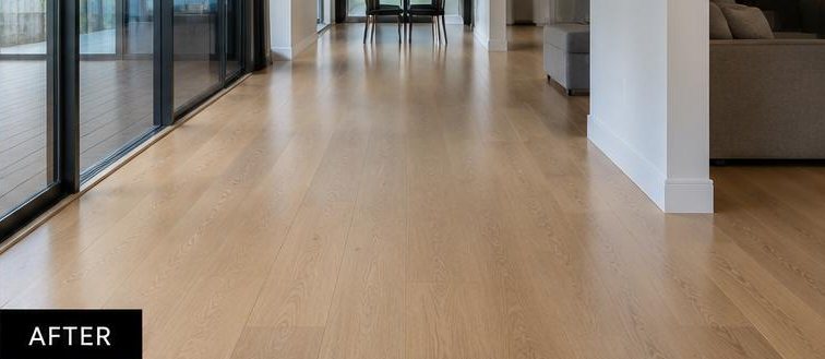 The same timber floor after cleaning by Fresco — clean, even and warm underfoot